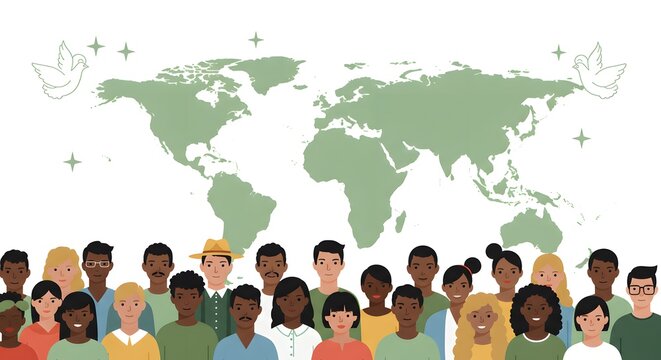 International Day of Peace A conceptual illustration representing global unity, diversity, and peace, with a multicultural group of people standing together before a world map