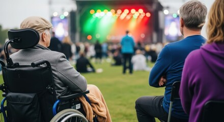 An elderly man in a wheelchair enjoys a vibrant outdoor concert, surrounded by a crowd of people watching the illuminated stage