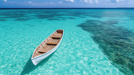Fototapeta premium Serene fishing boat floats in clear turquoise waters, surrounded by vibrant marine life