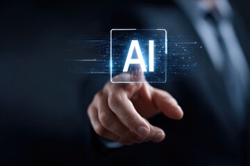 Close-up of a hand hovering over a glowing AI icon