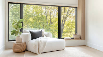 Fototapeta premium Cozy reading nook with comfortable chair, soft blanket, and natural light from large windows