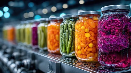 A long row of glass jars filled with colorful pickled vegetables like carrots, asparagus, and red cabbage, moving along a production line in a food processing factory.