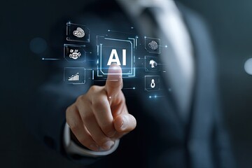 Businessperson interacts with a holographic AI interface