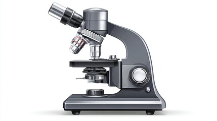 Side view of a gray, professional microscope on a plain white background