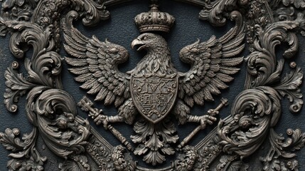 Ornate Eagle Crest Carving with Crown and Floral Elements Detail