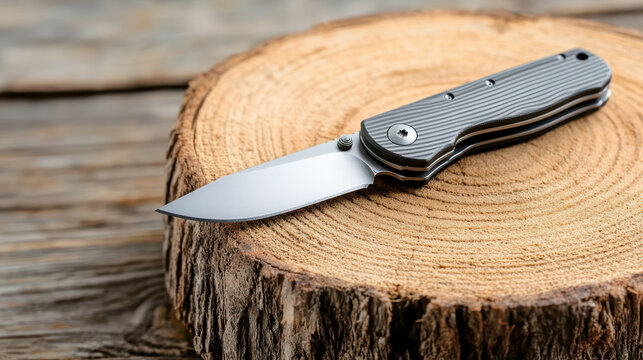 Close up of pocketknife resting on wooden stump, showcasing its sleek design and sharp blade - Powered by Adobe