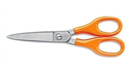 Orange-handled scissors, open, laying on its side against a white background