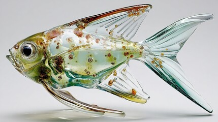 Glass sculpture of a fish with translucent body and amber-colored spots
