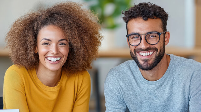 Smiling couple with curly hair enjoying joyful moment during creative discussion
