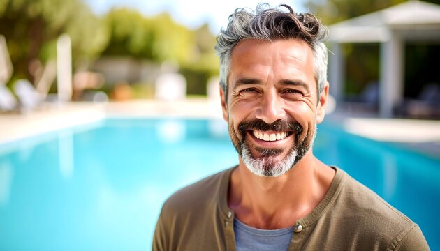 Happy middle-aged man smiles broadly at camera, poolside