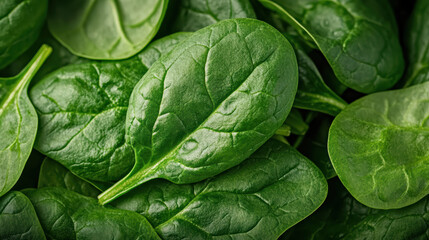 Obraz premium Fresh spinach leaves display vibrant green colors and smooth textures, perfect for healthy