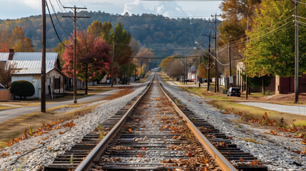 Fototapeta premium Atkins Railroad Tracks. A long railroad track running through the town of Atkins, Arkansas