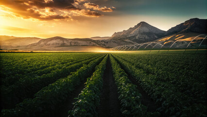Naklejka premium Irrigation system on soybean field in dry season concept. Vibrant green fields stretch under a golden sunset sky.