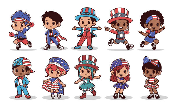 Kids character with american outfit vector graphic illustration set