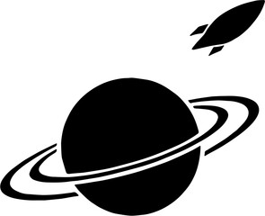 vector illustration of simple black silhouette of a planet with rings resembling Saturn, isolated on white