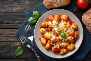 Creamy, cheesy gnocchi in a rich tomato sauce, garnished with fresh basil and melted mozzarella, served on a plate, with crusty bread and a ripe tomato in the background, on a dark wooden table