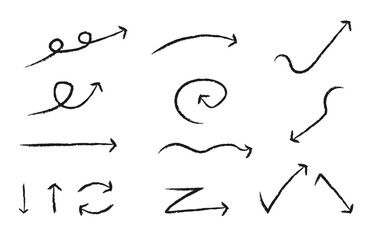 Hand drawn black vector arrow set, simple doodle style icons on white background