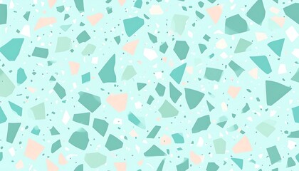 A vibrant, light teal background is dotted with colorful, geometric mosaic tiles in mint green, pale peach, and white.