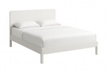 Modern white bed with two pillows and blanket on transparent background, ideal for interior design projects