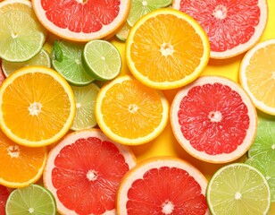 Fototapeta premium Sliced citrus fruits on vibrant background