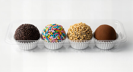 Assorted gourmet brigadeiros in transparent plastic packaging: chocolate with sprinkles, colored, peanuts and cocoa powder, lined up in white molds on a white background, clear HD studio photo