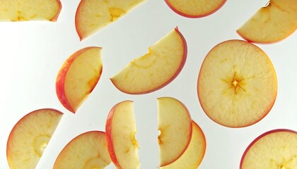 Fresh  slices in various orientations against a bright white background.