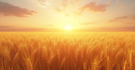 Obraz premium Golden wheat field under a vibrant sunrise at dawn with soft clouds and warm colors illuminating the landscape