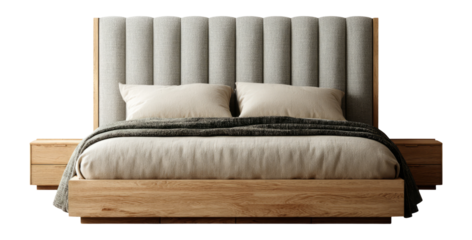 Modern bed design with tufted headboard and soft bedding on transparent background