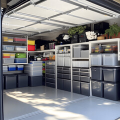 Modern organized garage with plastic storage bins and shelving system