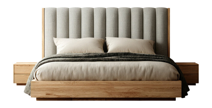 Modern bed design with tufted headboard and soft bedding on transparent background