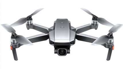 Silver drone with quadcopter design, isolated on white, blades extended for flight