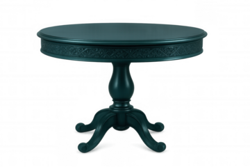 Vintage teal round table featuring intricate carved edge, standing on sleek pedestal base, isolated against transparent background