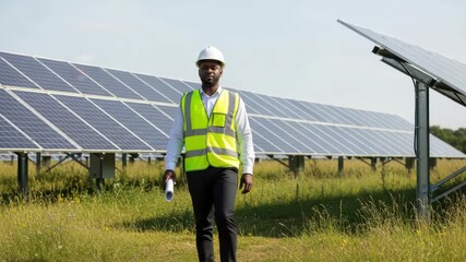 A black engineer in a highvisibility vest and hard hat walks through a field towards a large solar panel array, holding a blueprint
