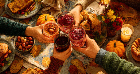 Family celebrating Thanksgiving day. Flat-lay of feasting peoples hands clinking glasses with rose wine over Friendsgiving table with traditional Fall food, roasted turkey, pumpkin pie, top view
