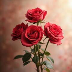 Fototapeta premium Beautiful red roses bouquet with green stems and leaves against soft blurred background. Perfect romantic flower arrangement for Valentine's Day or special occasions.