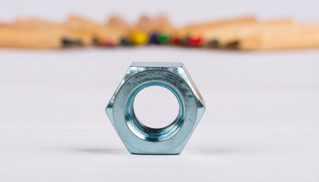 Close-up of a metal nut with pencils in the background