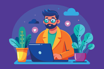 Man with glasses working on laptop at desk with plants and purple background
