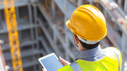 Rear perspective of project manager in hard hat holding tablet while overseeing safety procedures at large construction site