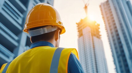 Rear shot of contractor in helmet and vest standing before high rise framework, modern skyscraper towers visible in distance