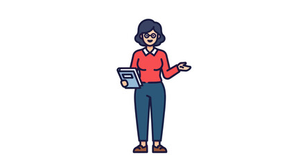 Animated woman illustration presenting information holding a book in her hand