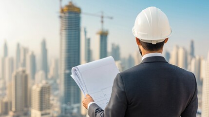 Rear view of supervisor standing on rooftop, holding rolled plans while inspecting construction progress of modern office tower