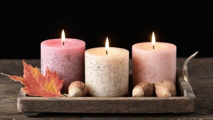 Cozy Autumn Vibes: Pink candles with speckled texture glowing in wooden tray surrounded by autumn leaves and acorns.