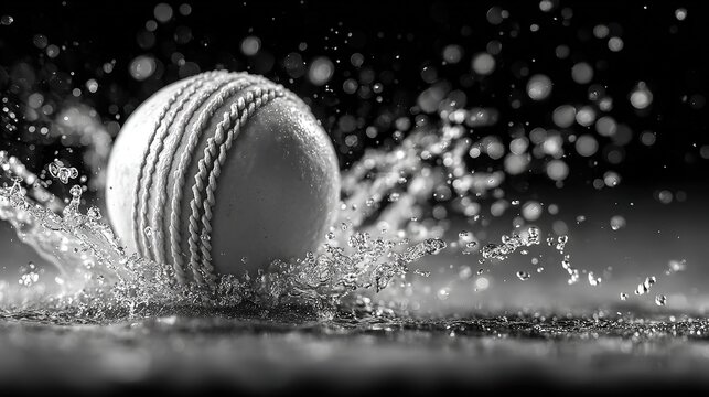 Flying Cricket Ball with Black and White Splash Background. Clear Picture with Right Space for Text Caption. Dynamic and Energetic Scene.