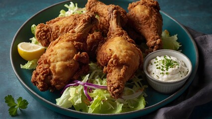 Crispy Fried Chicken Drumsticks on Blue Plate with Beer.