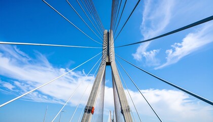 A modern cable-stayed bridge's towering structure against a vibrant blue sky filled with fluffy white clouds.