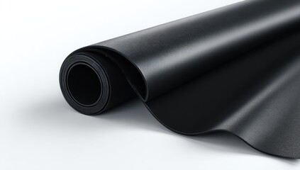 A rolled-up dark sheet of flexible, matte material, partially unfurled, showing a slight wave and a cylindrical core, against a bright white backdrop