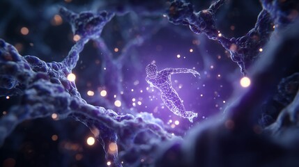 Abstract human figure floating within a molecular structure