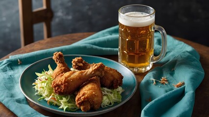 Crispy Fried Chicken Drumsticks on Blue Plate with Beer.