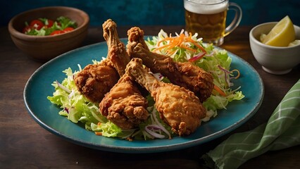 Crispy Fried Chicken Drumsticks on Blue Plate with Beer.