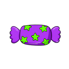 Purple candy with green stars isolated on transparent background